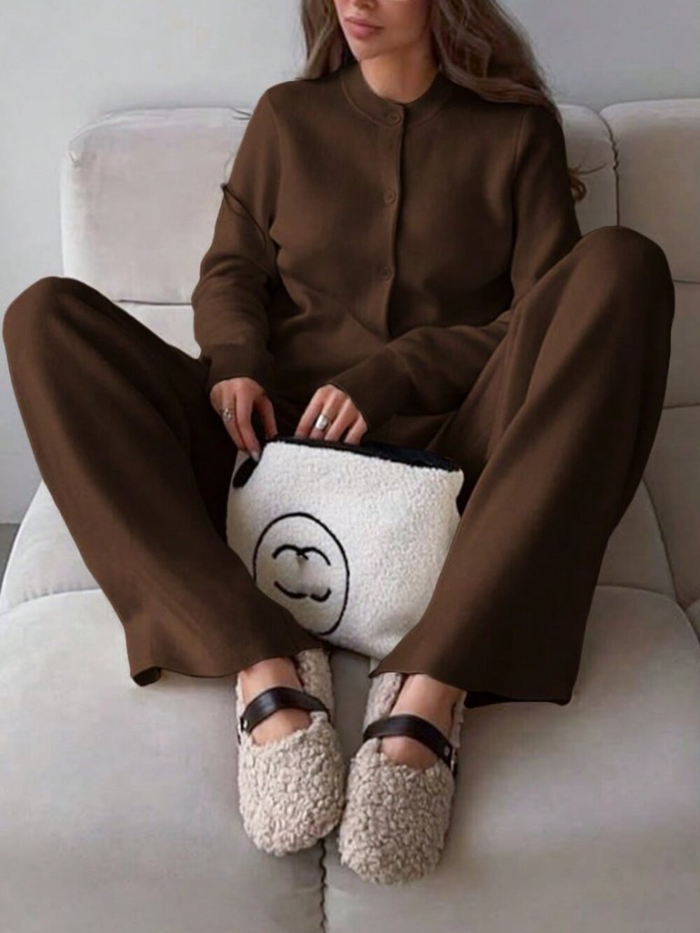 Brown Casual Women's Round Neck Elegant Button Long Sleeve Knit Cardigan & pants